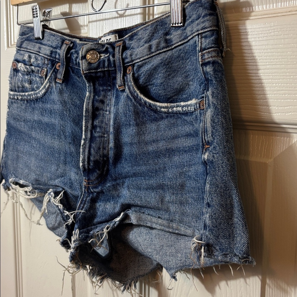 Agolde Blue Distressed Denim Cutoff Shorts - Picture 3 of 10
